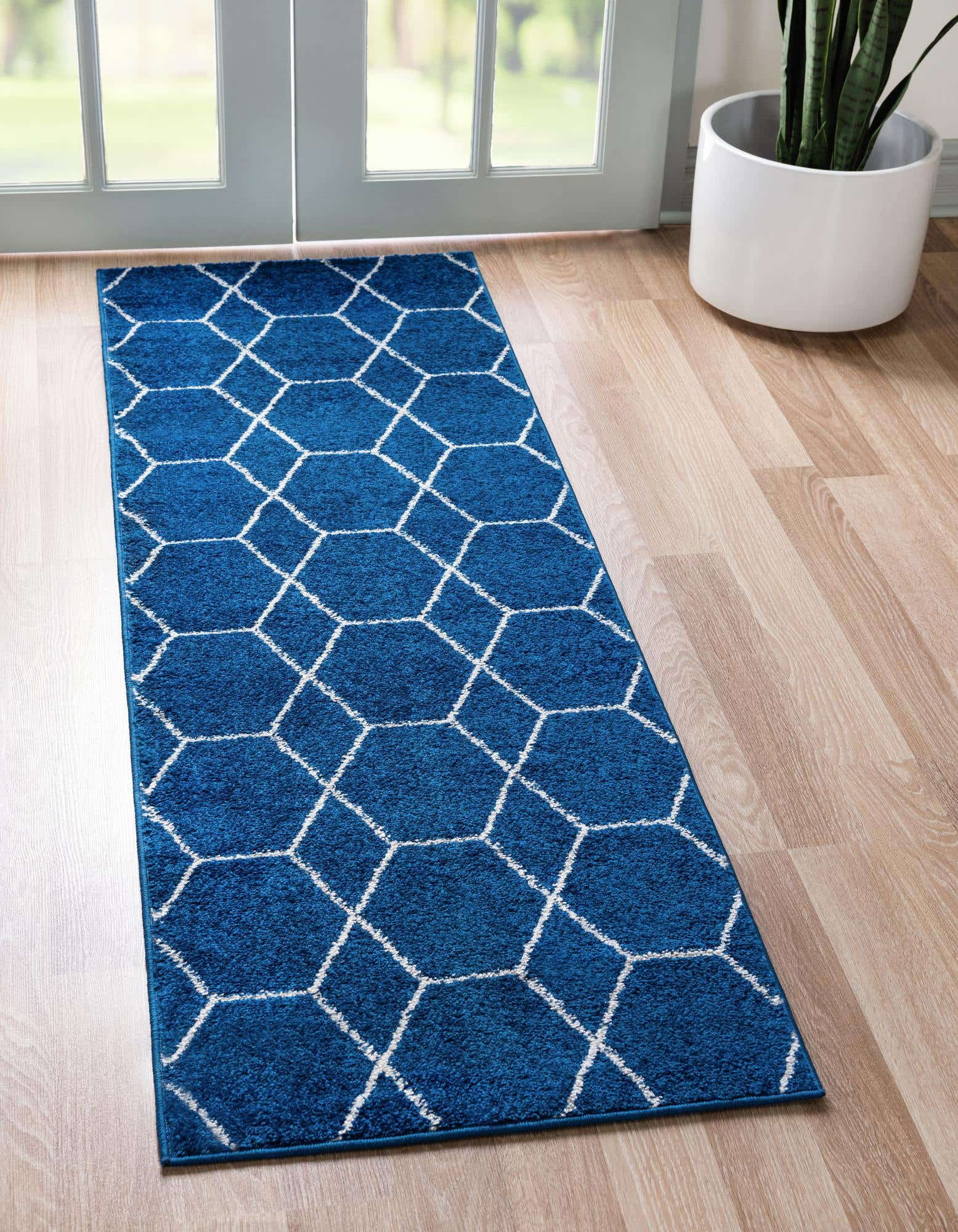 Unique Loom Geometric Trellis Frieze Runner Rug, Navy Blue, 2' x 6