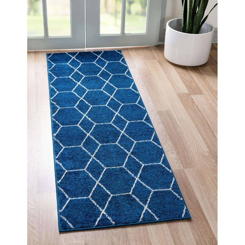 Unique Loom Geometric Trellis Frieze Runner Rug, Navy Blue, 2' x 6