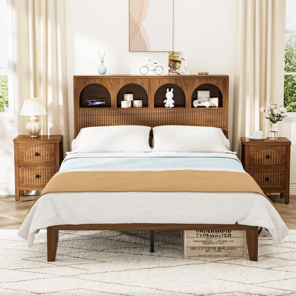 Full Bed Frame with Headboard, Headboard with 4 Arched Storage, Farmhouse Bed Frame for Bedroom