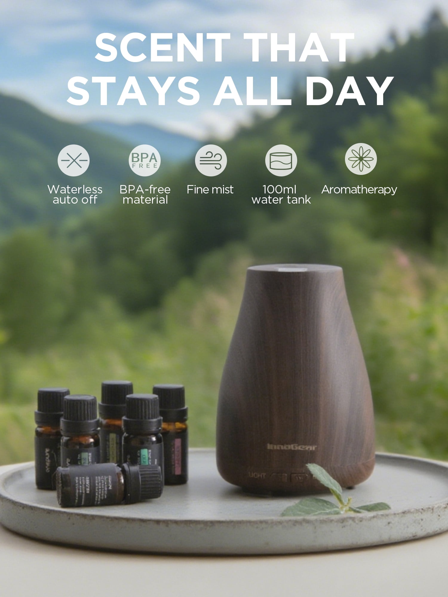 InnoGear 100ml Essential Oil Diffuser with 6 Oils, Ultrasonic Aromatherapy Diffuser Humidifier Vaporizer Aroma Cool Mist Humidifier Gift Set