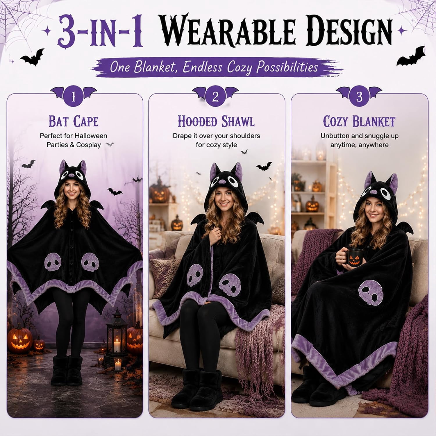 Bat Blanket Hoodie, Halloween Wearable Blanket with Hood | Soft Cozy Oversized Halloween Snuggie for Adults and Teens, for Cosplay, Parties, Lounging and Gifts