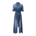 thumbnail image 5 of sususu Womens Jumpsuit V Neck Denim Fabric Belted High Waist Playsuit Casual One Piece Outfits Wide Leg Romper with Pockets ,Navy,S, 5 of 5