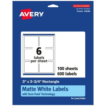 UPC: 0194793024814 | Avery Matte White Rectangle Labels with Sure Feed  3  x 3.75   600 Matte White Printable Labels