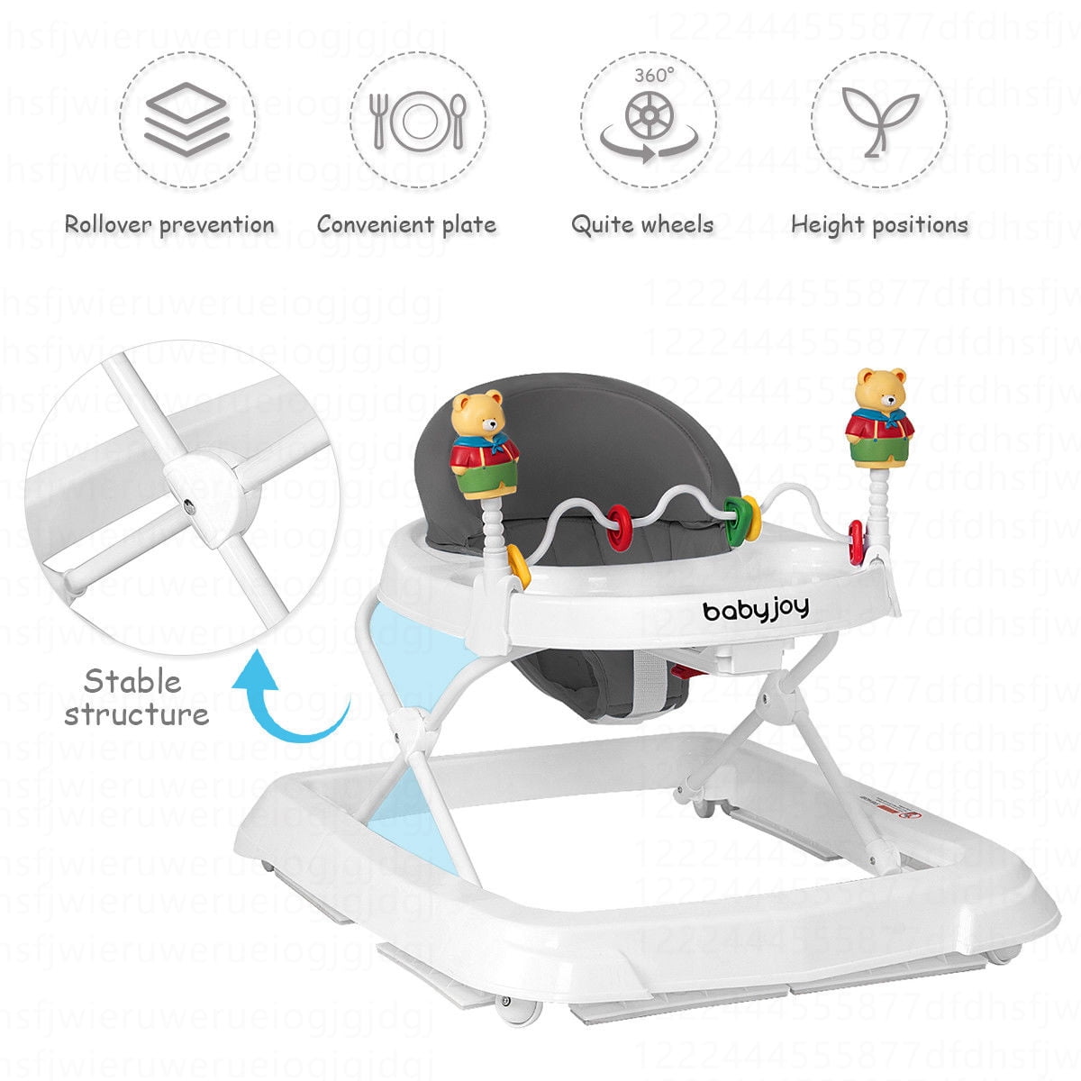 Costway Baby Walker Adjustable Height Removable Toy Wheels Folding Portable Gray