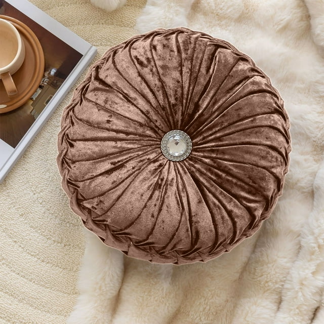 Staron Brown Round Velvet Pillow for Home under $5! Ice Flower Velvet Wheel Pillow with Soft Texture, 13.78x13.78 Inches, for Sofa Bedside, Easy to Maintain