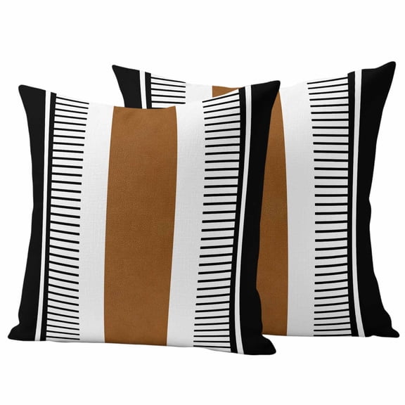 Modern Brown Black Outdoor Pillow Covers, Waterproof Decorative Throw Pillowcases Set of 2, Boho Contemporary Geometric Striped Couch Cushion Cases with Zipper for Outside Patio Garden Sofa 16"x16"