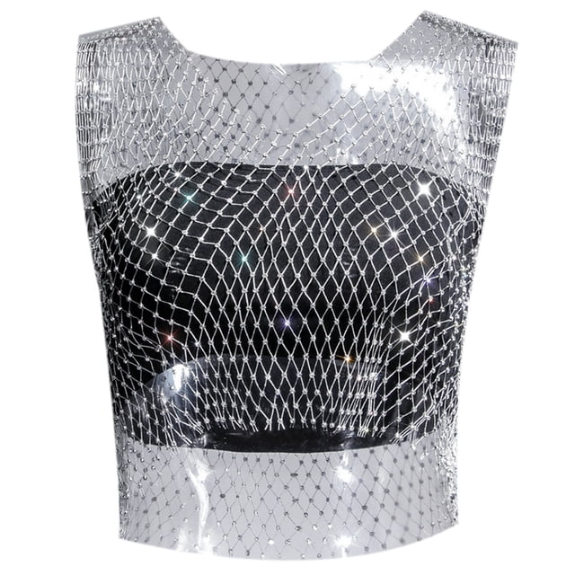 Chaleco de manga corta de red brillante para mujer: red de pesca con pedrería, sexy/casual, para todas las estaciones, talla real.