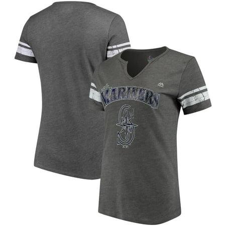 Seattle Mariners Majestic Women's Two Seamer V-Notch T-Shirt - Gray/White