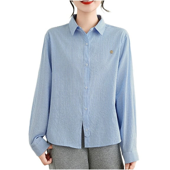 XPMWRP Women's Striped Button Down Solid Color Shirts Cotton Dress Shirt Oversized Lapel Collared Blouse Tops Business Office Attire Blue L