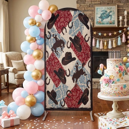 Country Western Arch Backdrop Covers 6 FT Cowboy Hat Red Blue Paisley Flower Patchwork Stretchy Fitted Arched Stand Covers Party Arch Stand Cover Photo Booth for Wedding Birthday Decor