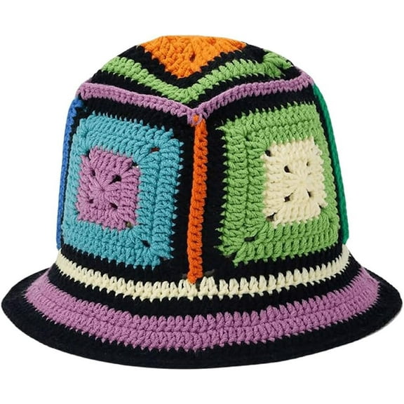 Women's Crochet Bucket Hat Boho Plaid Colorful Y2k Foldable Knit Fisherman Hat