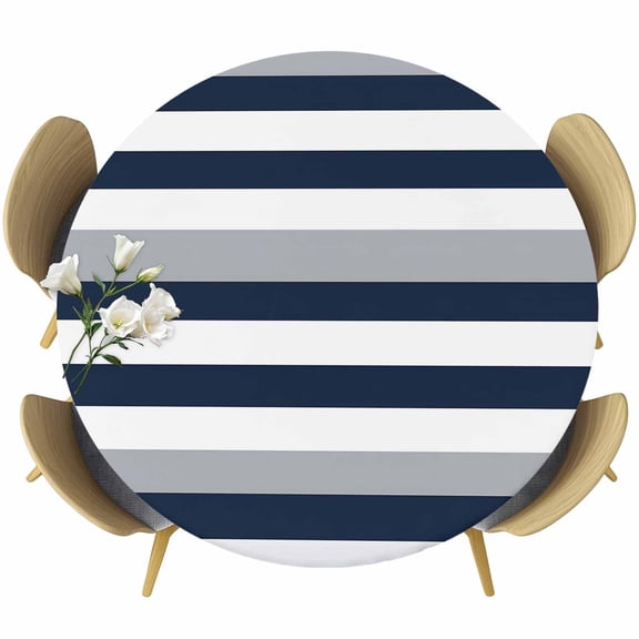 Dark Blue Round Fitted Table Cover and Grey Stripe Abstract Minimalist Striped Waterproof Table Cloth with Elastic Edge Wipeable Tablecloth for Picnic Camping Party Fits 36"-44" Diameter
