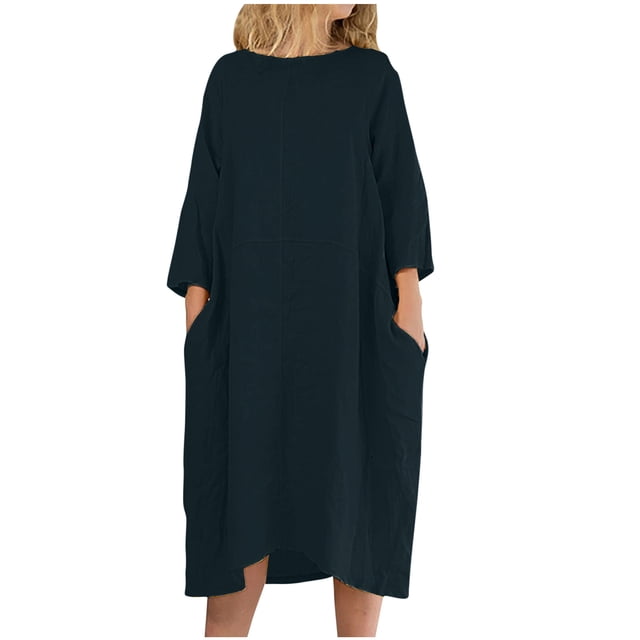 Leutsin Fashion Women's Large Size Round Neck Pocket Solid Color Linen Long Dress