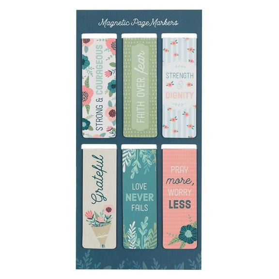 Set of 6 Beloved Faith Favorites w/Floral Garden Inspirational Magnetic Bookmark, Size Small 2.3" x .75"