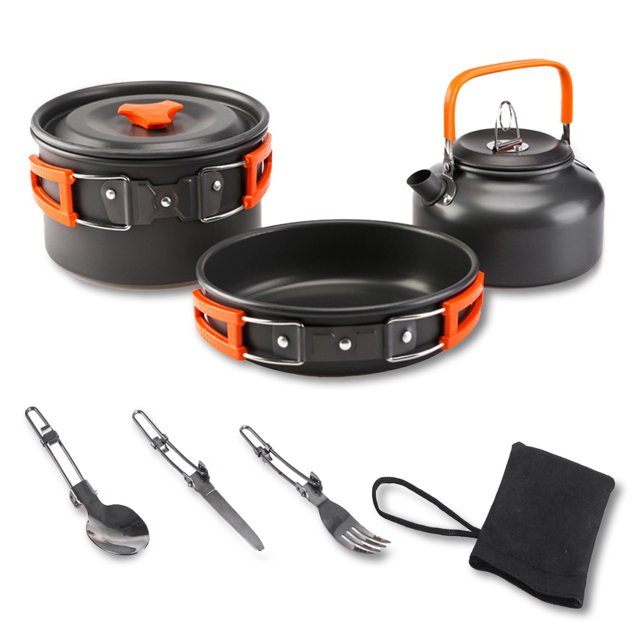 7 unids / set Camping Kit de utensilios de cocina al aire libre cocinar agua hervidor de agua sin paletas anti-escalado portátil mochilero vajilla naranja Inevent OD003501-01B