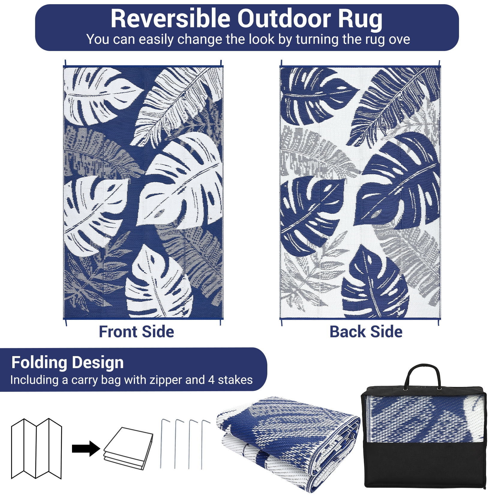 Haperlare 9'x12' Waterproof Outdoor Plastic Straw Rug, Modern Tropical Leaf Woven Carpet Reversible Patio Rug RV Camping Mat, Portable Outside Carpet for Deck Porch Yard Garden Balcony, Dark Blue