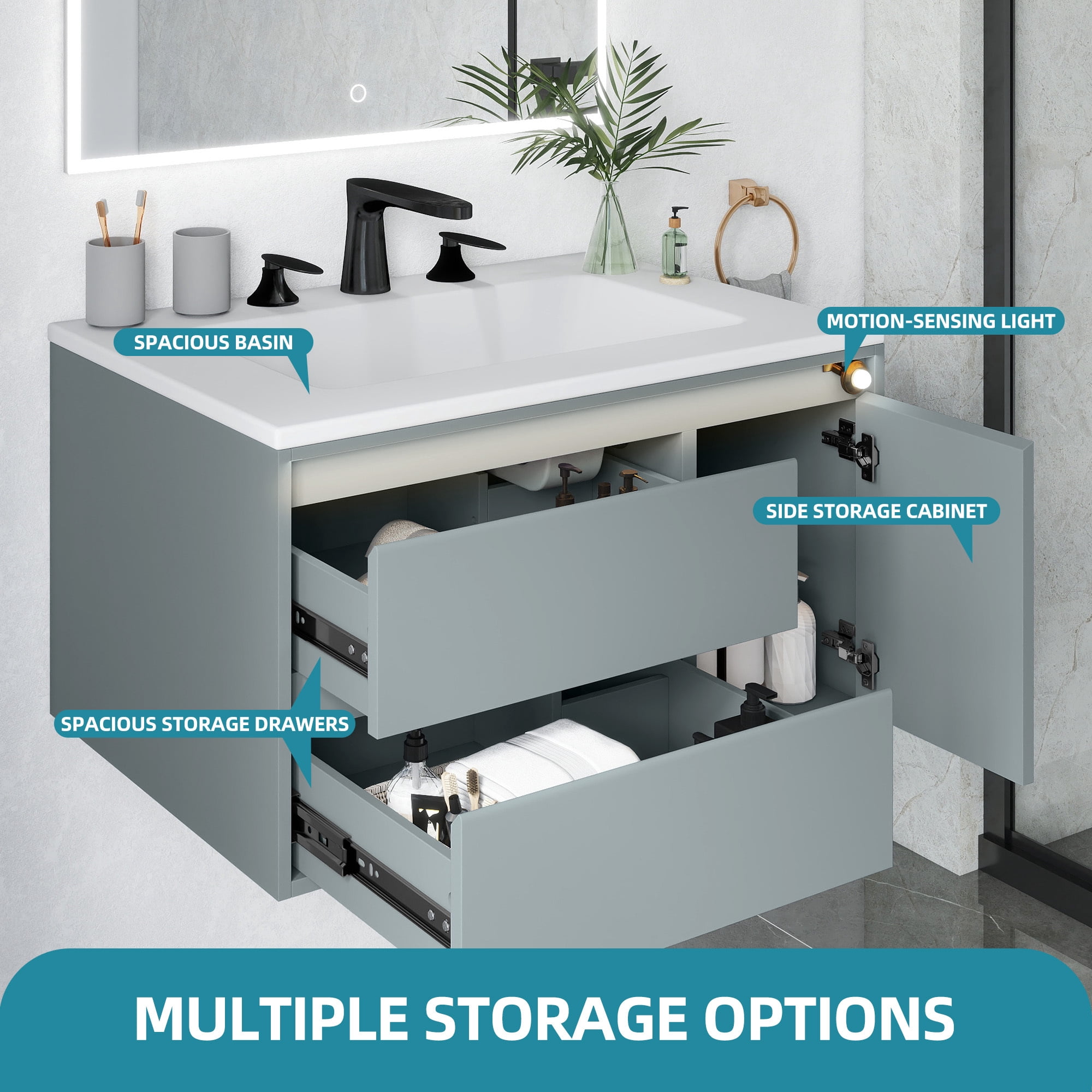 Uforic 31" LED Floating Vanity with Sink, Grey Bathroom Vanity with Sensor Light & Mirror, Wall Mounted Bathroom Storage Cabinet with 2 Large Drawers & Door
