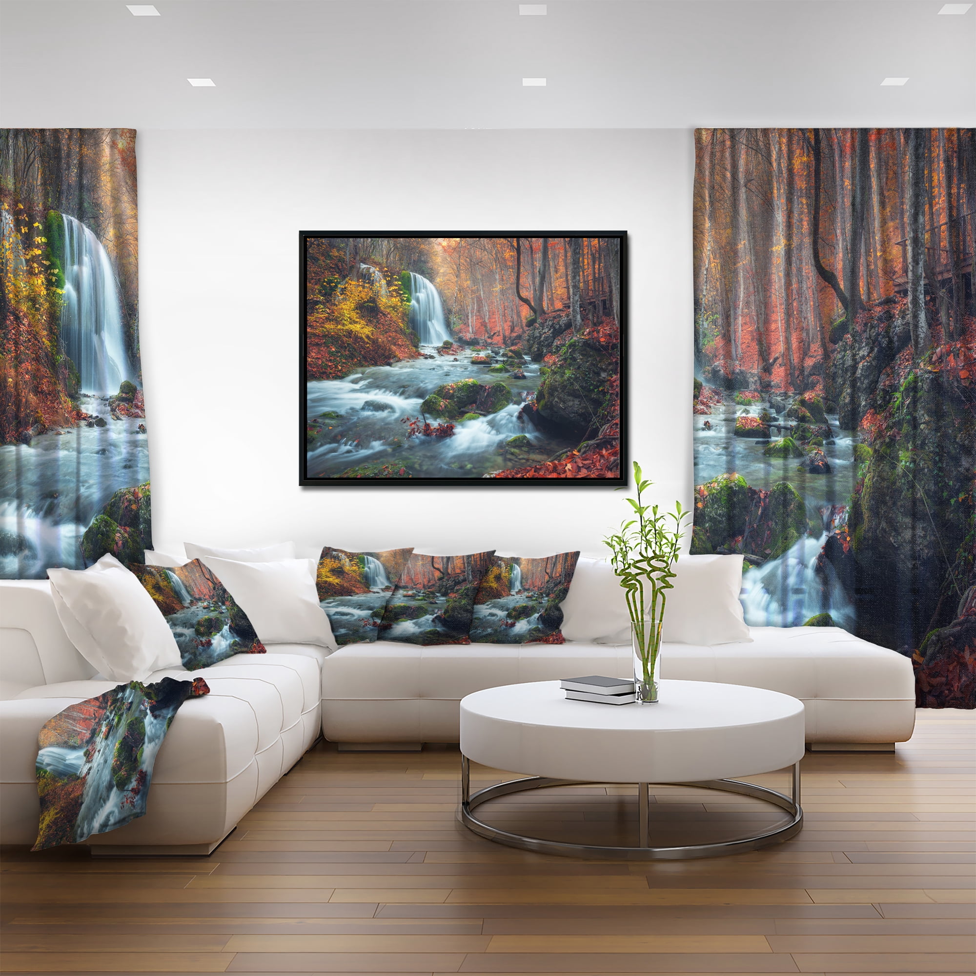 Designart ' Autumn Mountain Waterfall Long View ' Landscape Photography Framed Canvas Print
