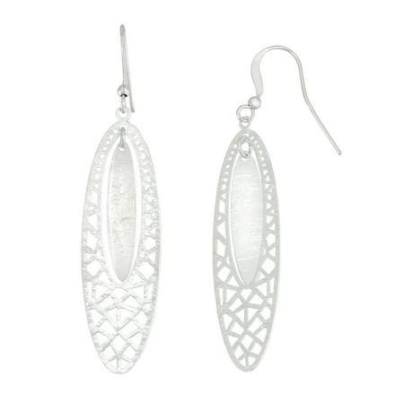Fine Silver Plated Long Oval Drop with Scratched Metal Earring