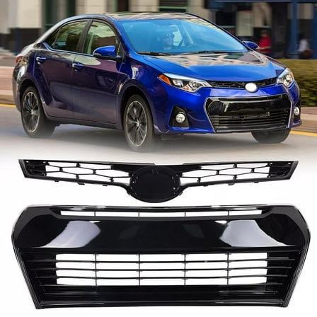 Front Bumper Grill Grille Assembly Fit For 2014 2015 2016 Toyota Corolla S, Black With Chrome Trim (Upper & Lower Grille)