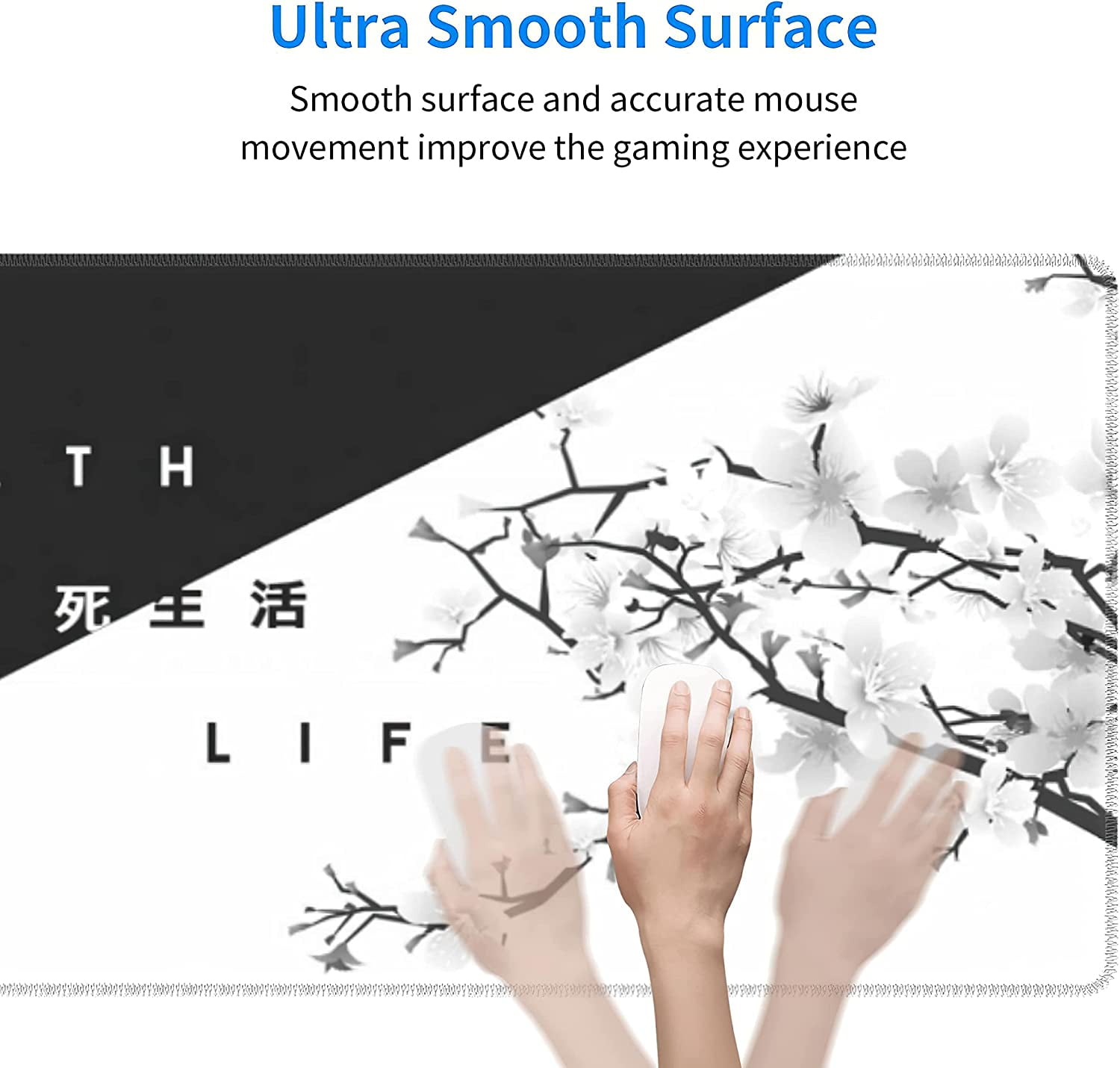 Black White Cherry Blossom Mouse Pad Japanese Sakura Death Life Extended Desk Mat 80X30 cm Non-Slip Rubber Base Stitched Edge Large XL Playmat&nbsp;for Gaming Laptop Computer PC Desktop,31.5×11.8 Inch