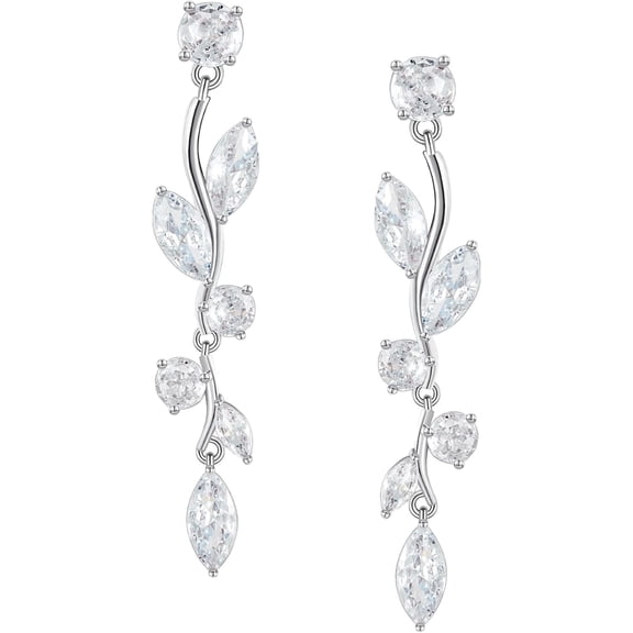 SWEETV Vine Wedding Earrings for Brides, Bridesmaids Earrings Gifts, Leaf Bridal Drop Earrings, Silver Cubic Zirconia Dangling Earrings for Prom Formal Party
