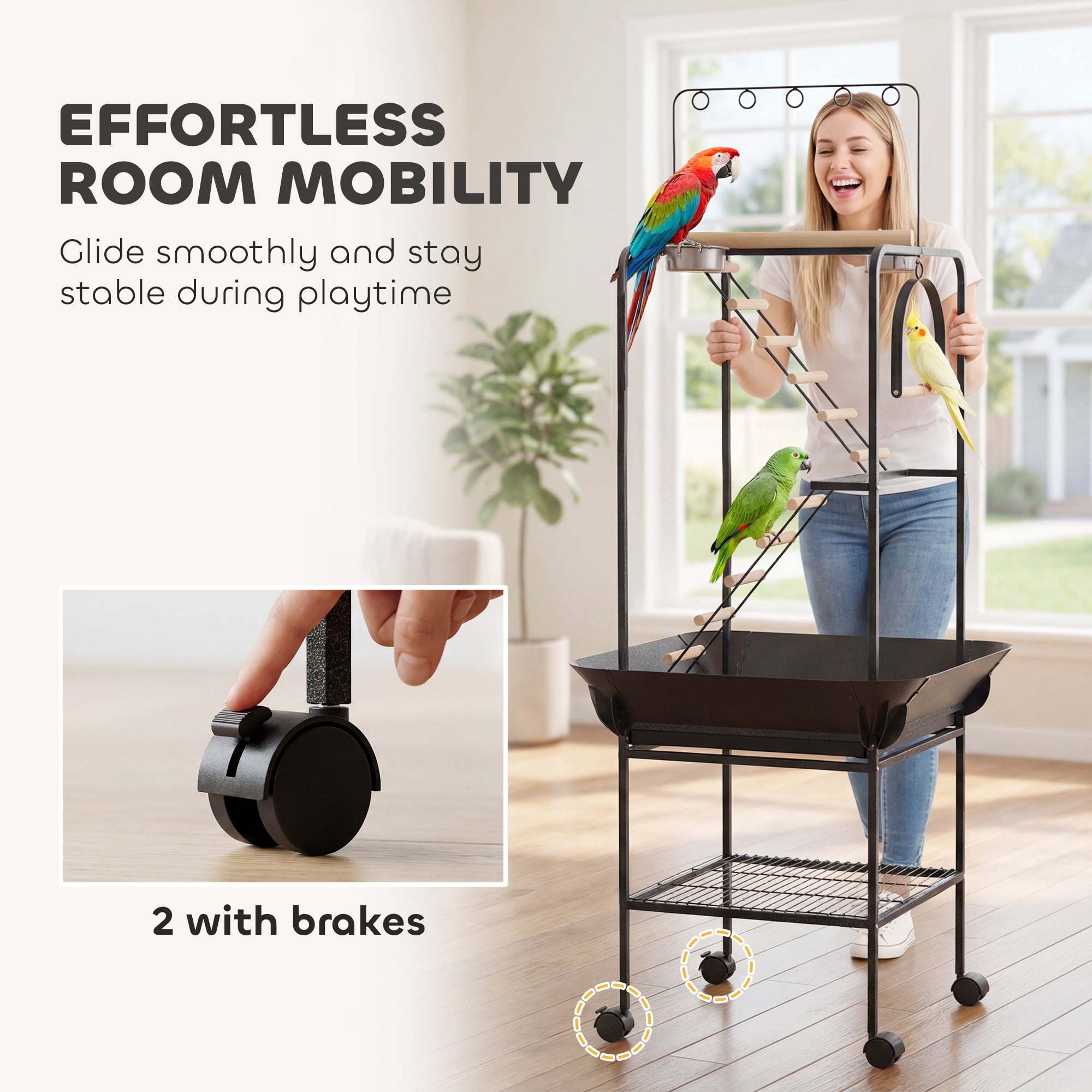 PawHut 64"H Rolling Bird Stand Parrot Playstand with Seed Guard & Wheels, Ladders, Swing, Toy Hook & Bowls, for Cockatiels, Conures, Parakeets