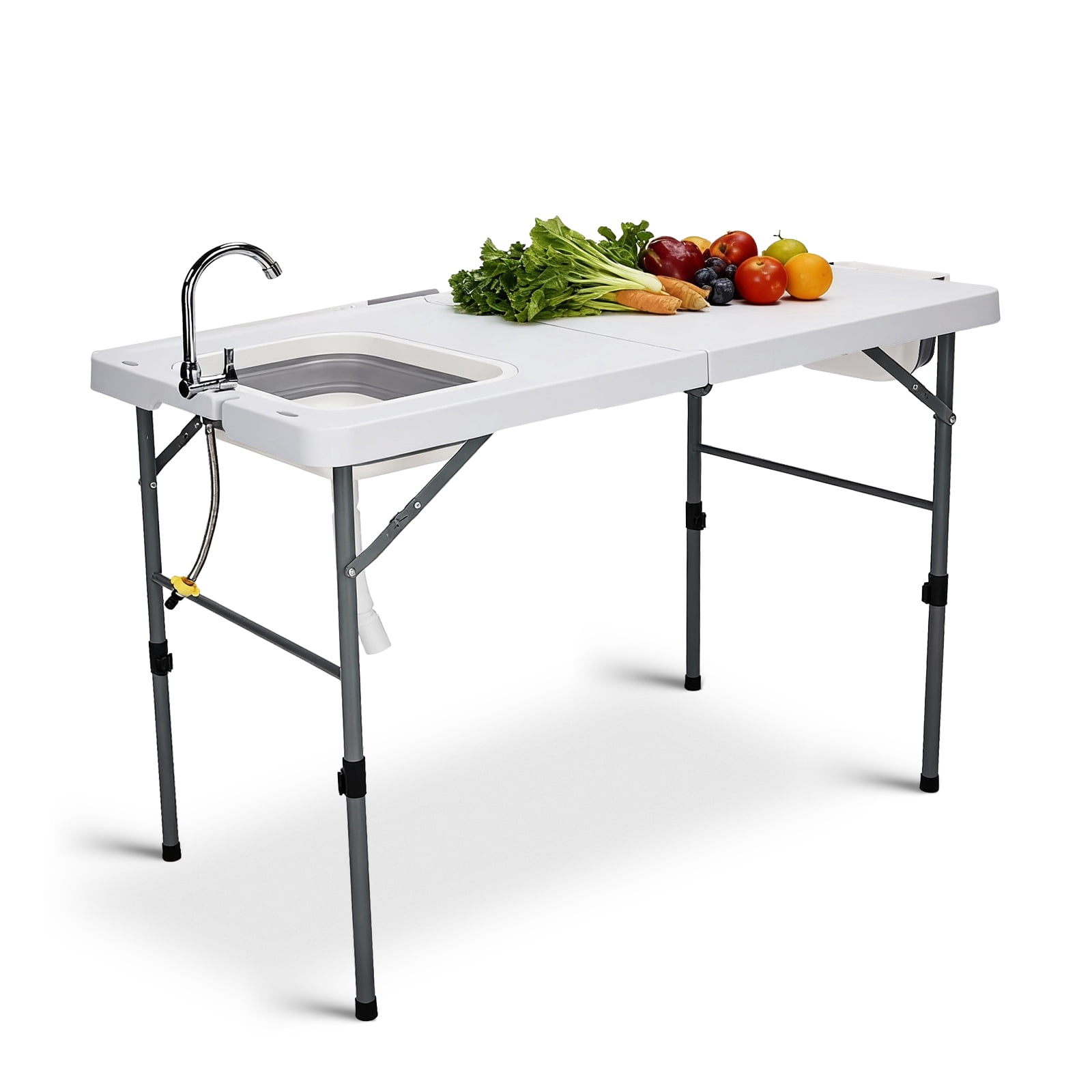 Folding Fish Cleaning Table, HDPE All-in-One Outdoor Sink Station, Heavy-Duty Stable Frame Portable Table with Faucet Trash Bin Storage Bag for Campsite Fishing Backyard Tailgate
