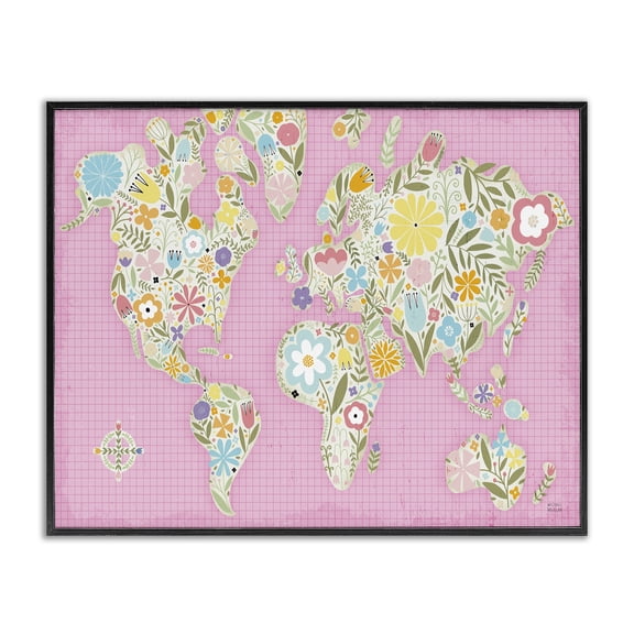 Stupell Industries Eclectic Pink Pastel Floral map Black Framed Giclee Art, 14 x 11, by Michael Mullan