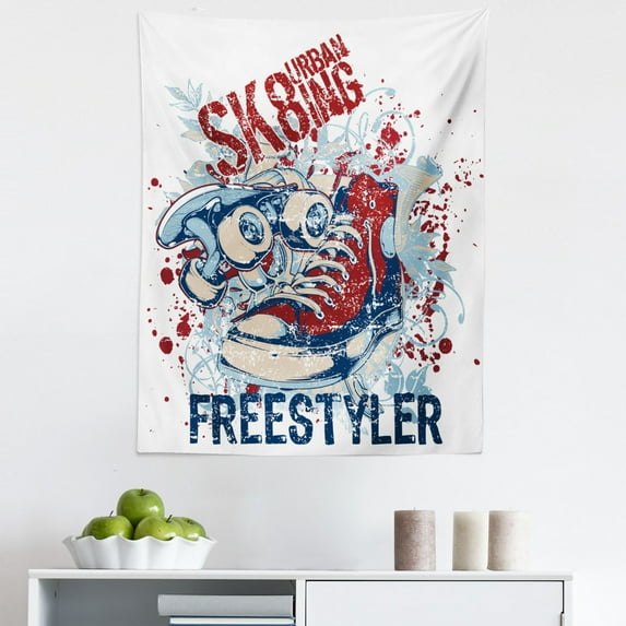 Sports Tapestry, Skateboarding Graphic with Distressed Complex Effects Action Sports Hipster Culture, Fabric Wall Hanging Decor for Bedroom Living Room Dorm, 5 Sizes, Blue Red, by Ambesonne