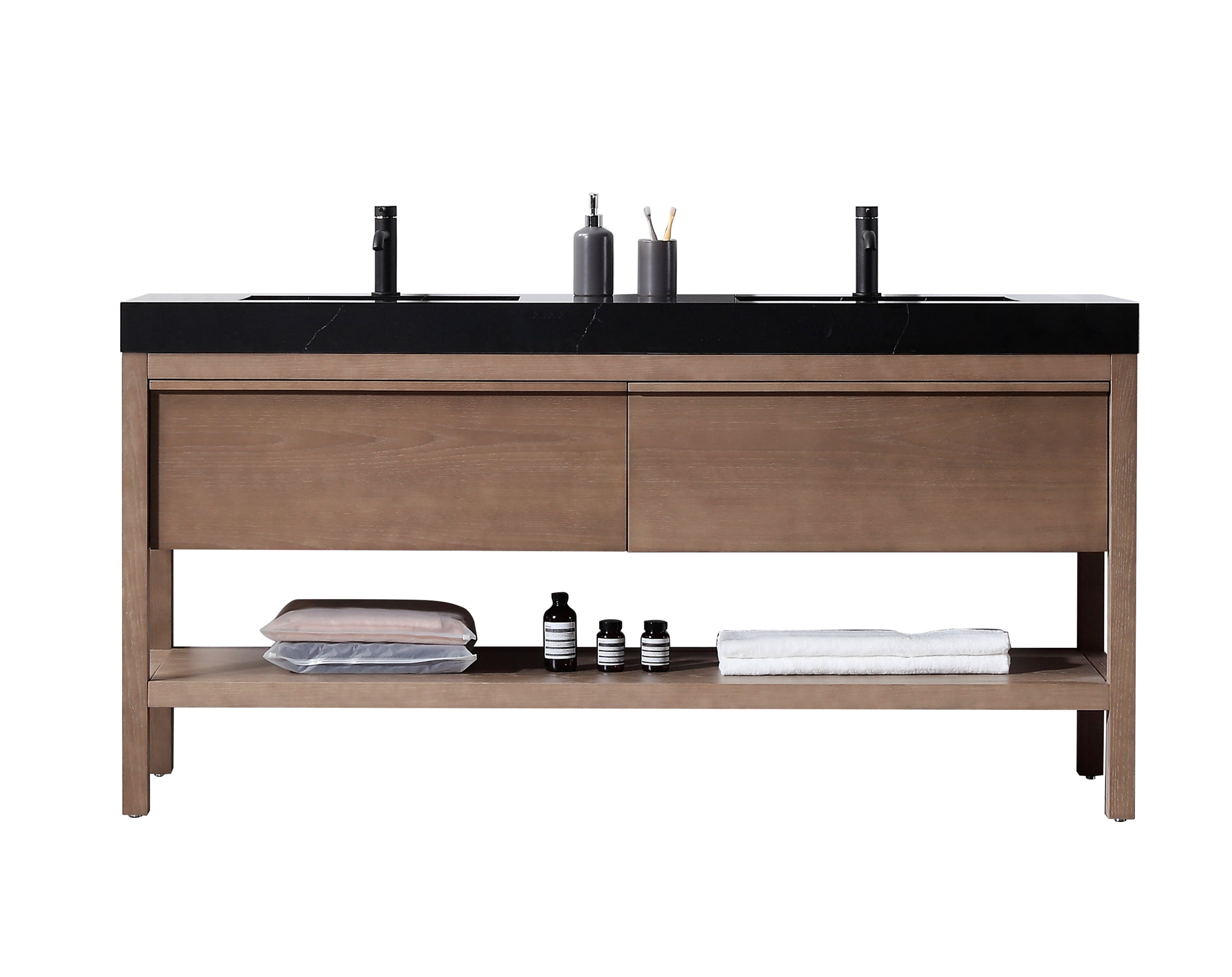 Pluto 72" Chestnut Oak Double Sink Freestanding Vanity with Black Marquina Quartz Top