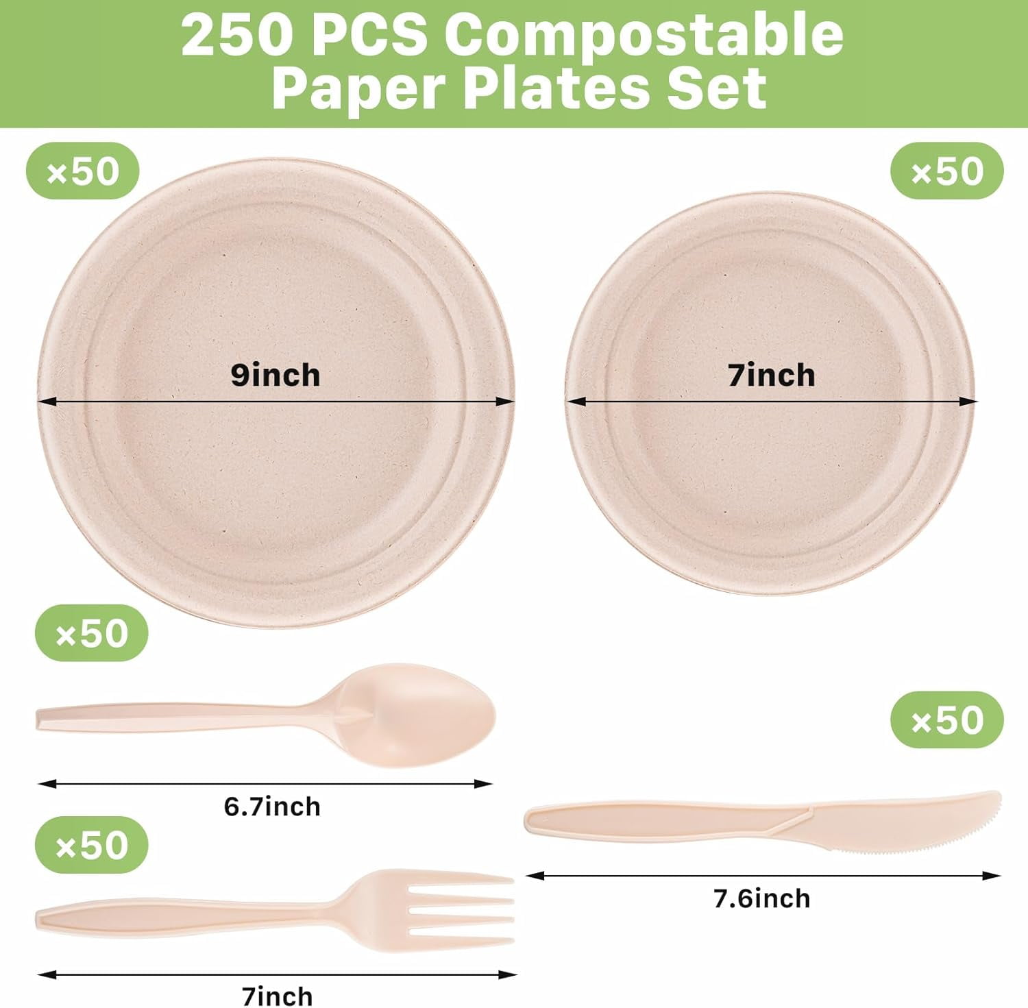 250 PCS Compostable Paper Plates Set,Heavy Duty Disposable Paper Plates Set,Biodegradable plates and utensils Includes Plate,Extra Long Forks,Knives,Spoons for Party Camping