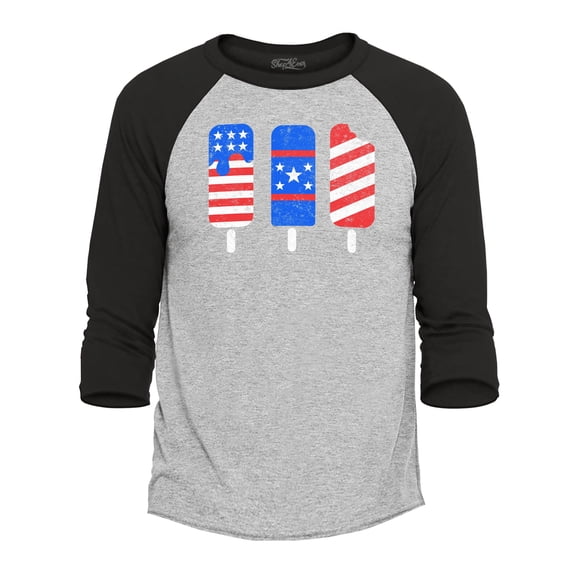 Shop4Ever Men's Patriotic Popsicles Ice Cream 4th of July Raglan Baseball Shirt XX-Large Heather Grey/Black