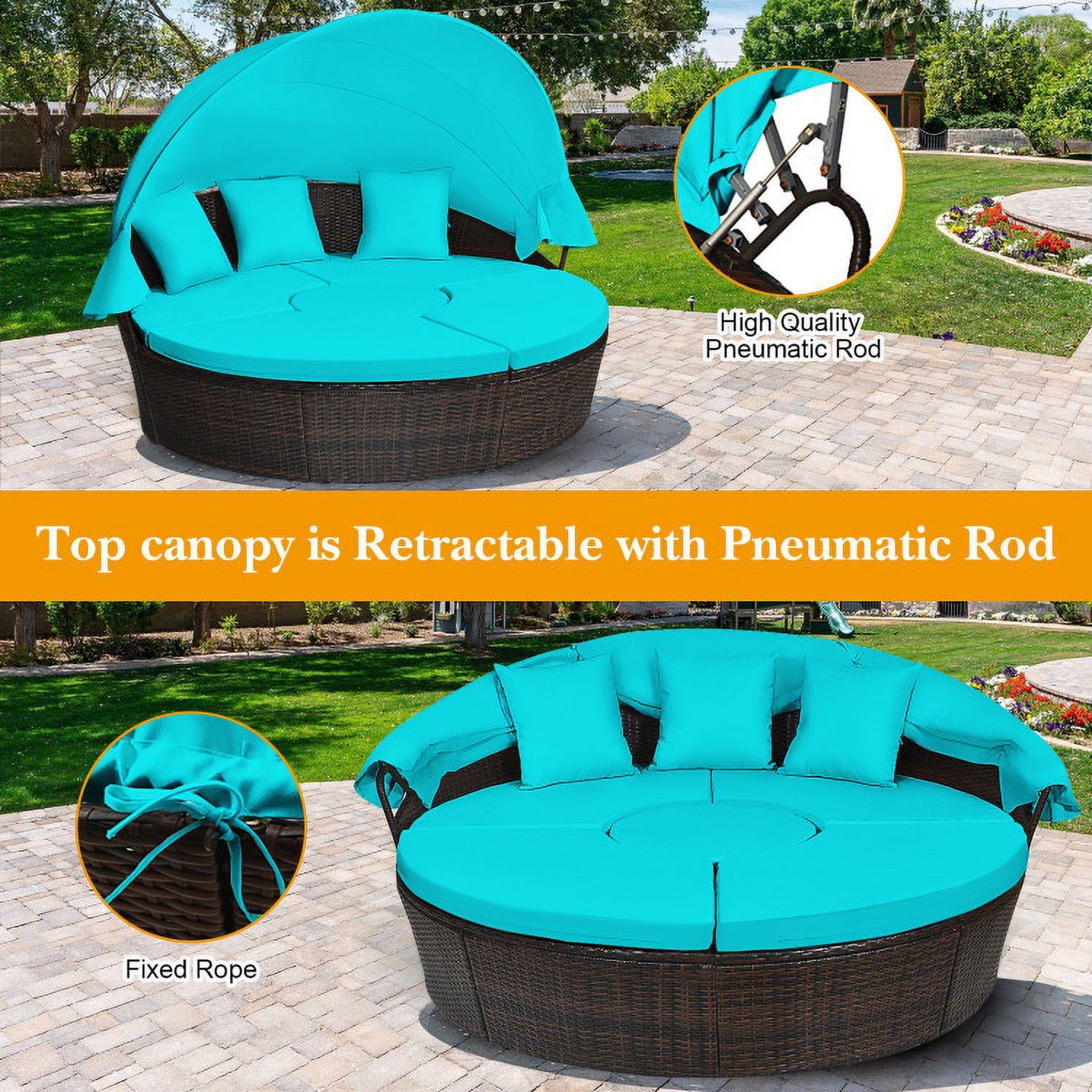 Aimee Lii Patio Round Rattan Daybed with Retractable Canopy and Height Adjustable Coffee Table, Outdoor Patio Set, Turquoise Aimee Lii Patio Round Rattan Daybed with Retractable Canopy and Height Adjustable Coffee Table, Outdoor Patio Set, Turquoise