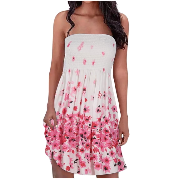 Womens Summer Bohemian Strapless Off Shoulder Smocked Pleated Backless Flowy A Line Beach Mini Dress Floral Print
