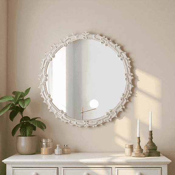 Sintosin Wall Mirror, 24"Round White Vintage Carved Wood Frame, Farmhouse Bathroom Mirror for Living Room, Bedroom, Entryway