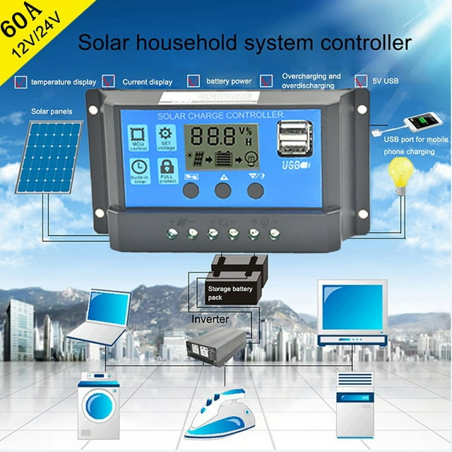 EGNMCR Régulateur de Panneau Solaire Contrôleur de Charge USB 60A 12V-24V avec Chargeur USB