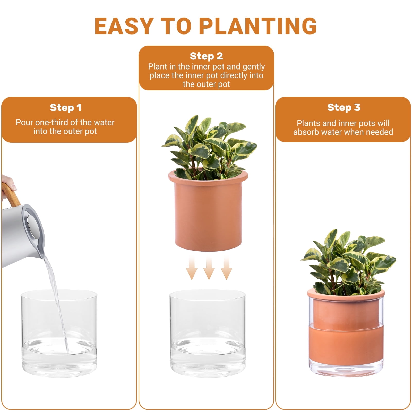 BUYMAX 6" Self-Watering Terracotta Pots with Glass Reservoir, Indoor Clay Planter with Slow-Release Moisture Design for Succulents Herbs
