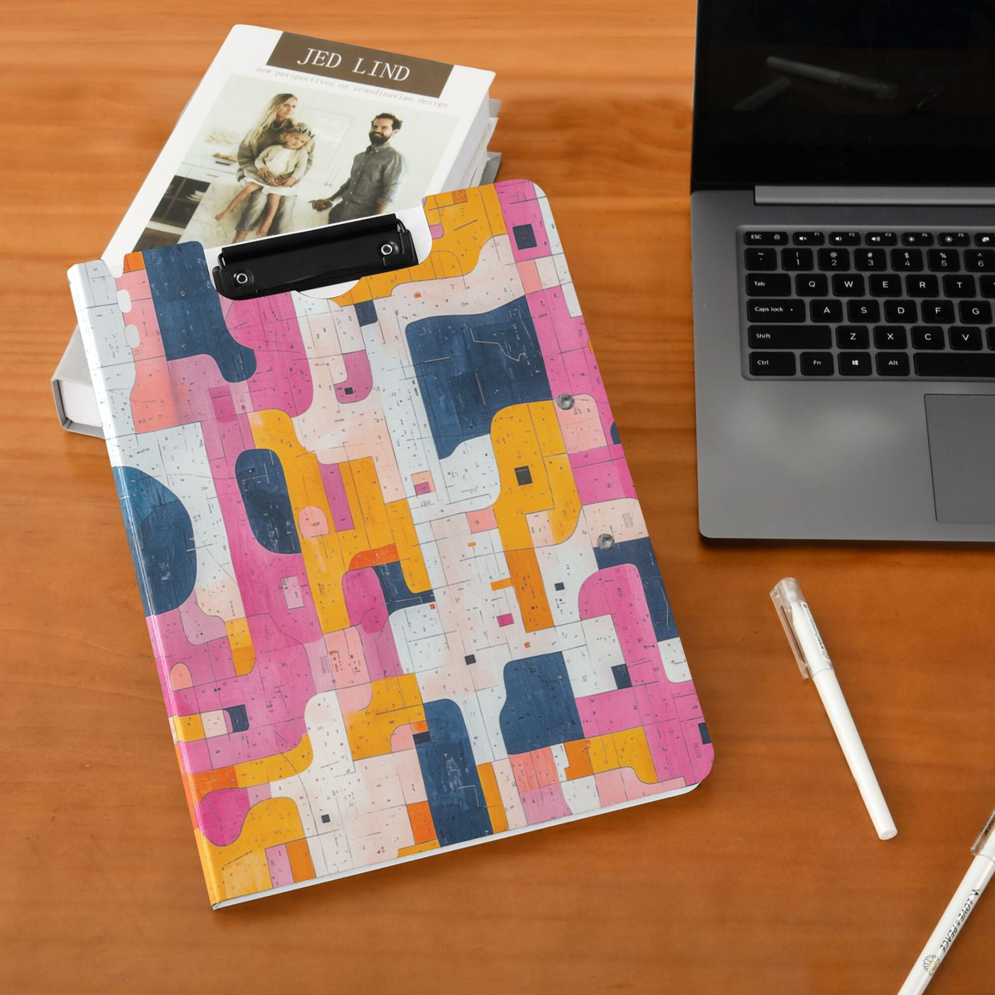 FORMRS A4 Clipboard Folder with Pen Holder Horizontal Foldable School Office Binder, Art Geometric