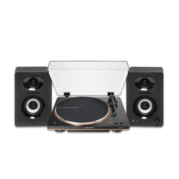 Audio-Technica AT-LP70XBT-BZ Fully Automatic Wireless Belt-Drive Turntable (Black and Bronze) Bundle with M30BT MediaOne 3-Inch Powered Bluetooth Studio 20W Monitors Pair (Black) (2 Items)