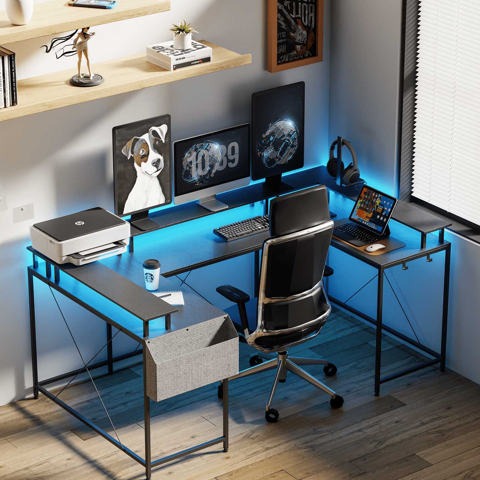 Danolapsi U Shaped Desk,Gaming Desk with Monitor Stand & LED Lights,Large Corner Office Table，79 Inch U- Shaped Gaming Desk,Reversible L Shaped Computer Gaming Desk with Power Outlets