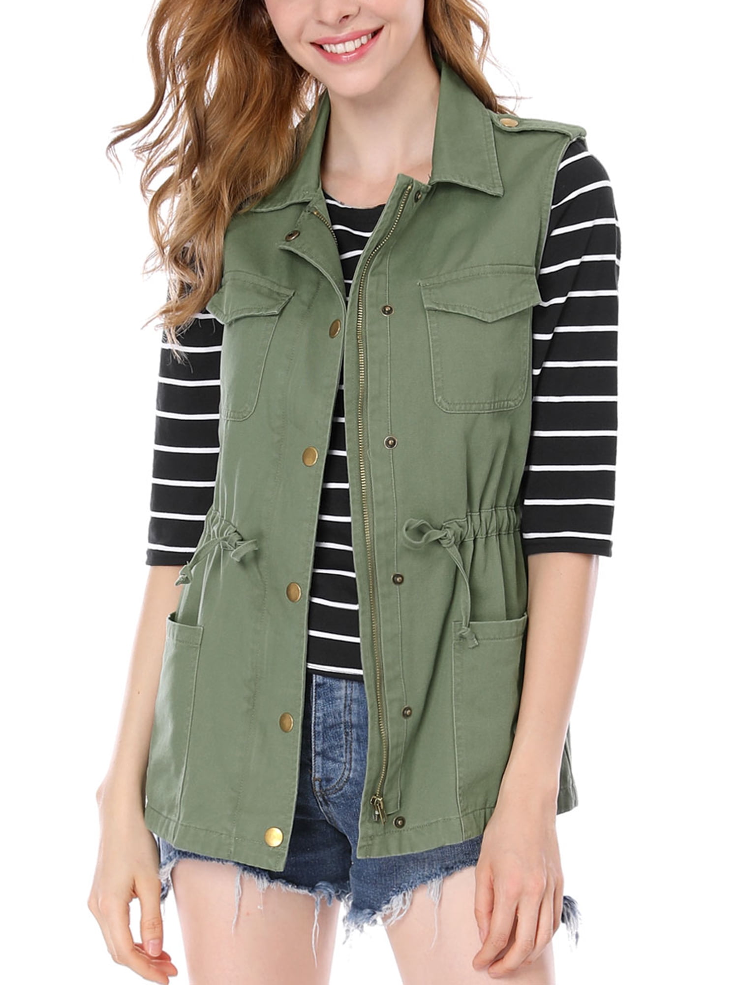 DARING DIVA Women Functional Pockets Drawstring Waist Cargo Vest XL Green