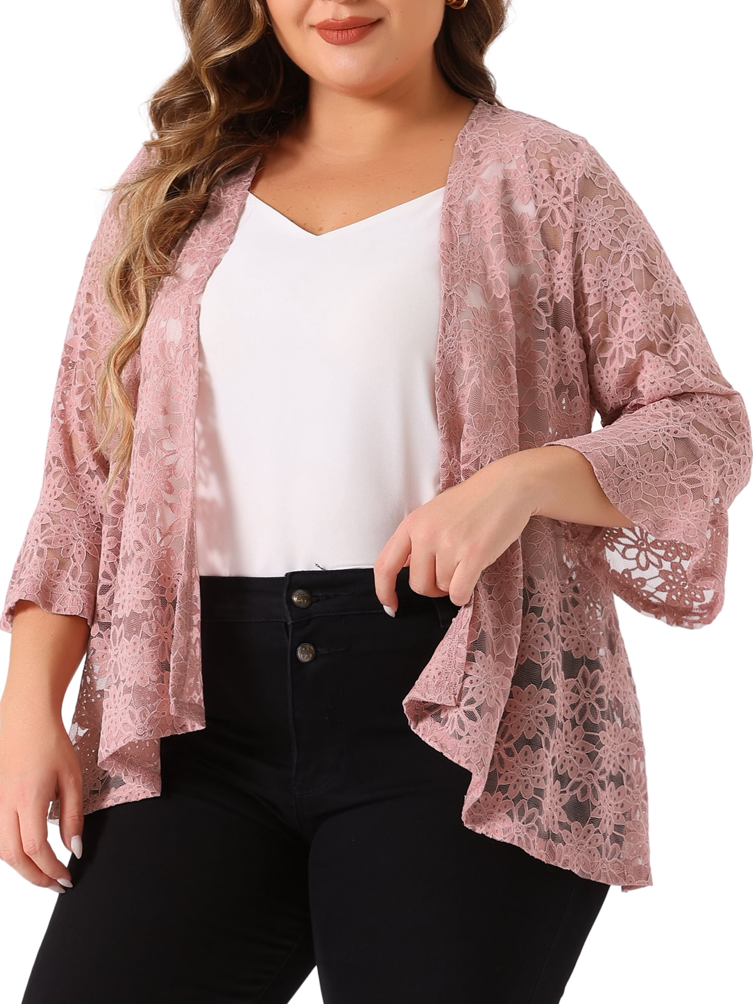 DARING DIVA Women's Plus Size Open Front 3/4 Sleeve Sheer Lace Cardigan 4X Pink