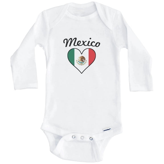 Mexican Flag Heart Mexico One Piece Baby Bodysuit (Long Sleeve), 6-9 Months White