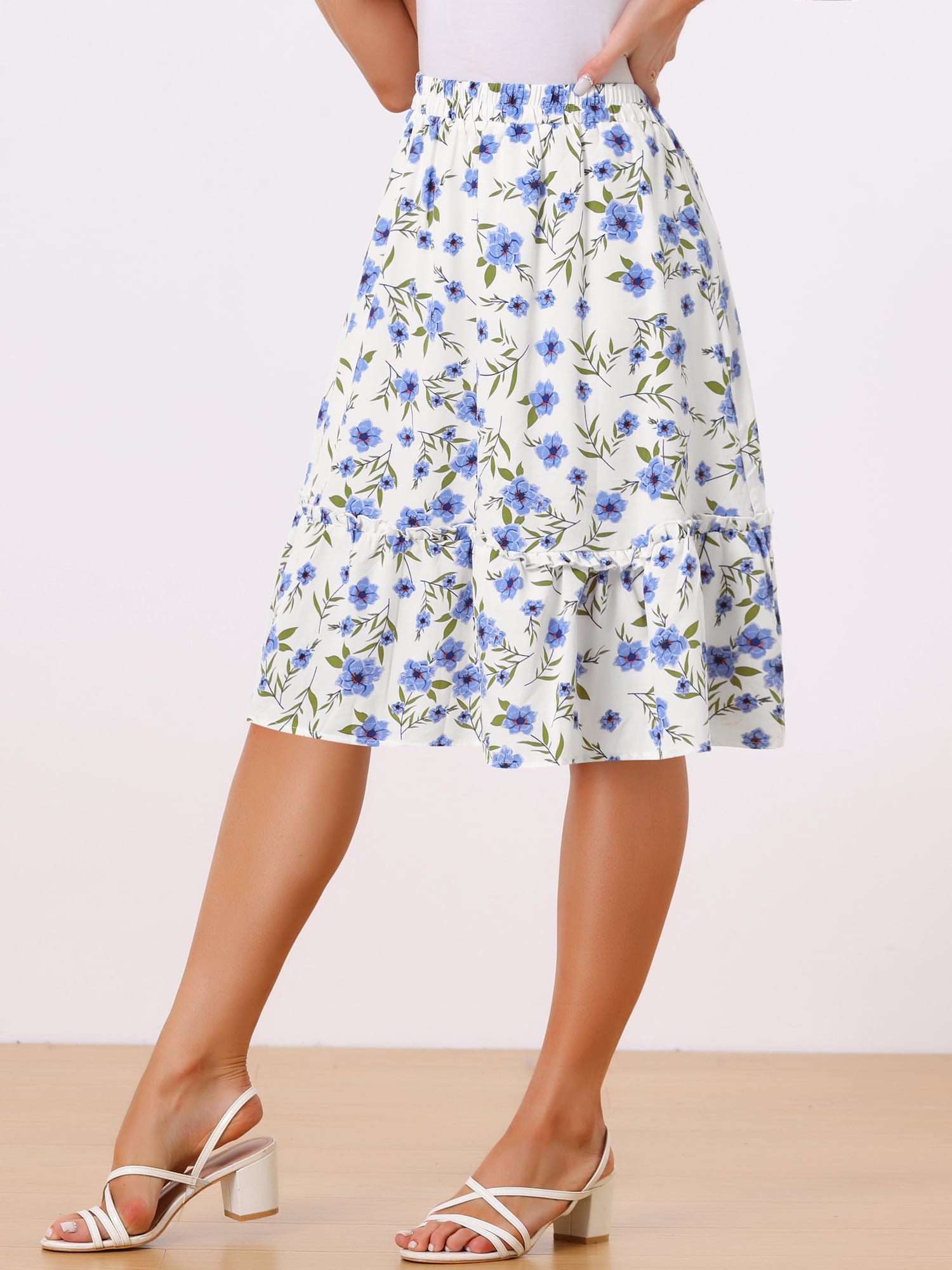 DARING DIVA Women's Flowy Ruffle Hem Tiered Floral Midi Skirt L Light Blue