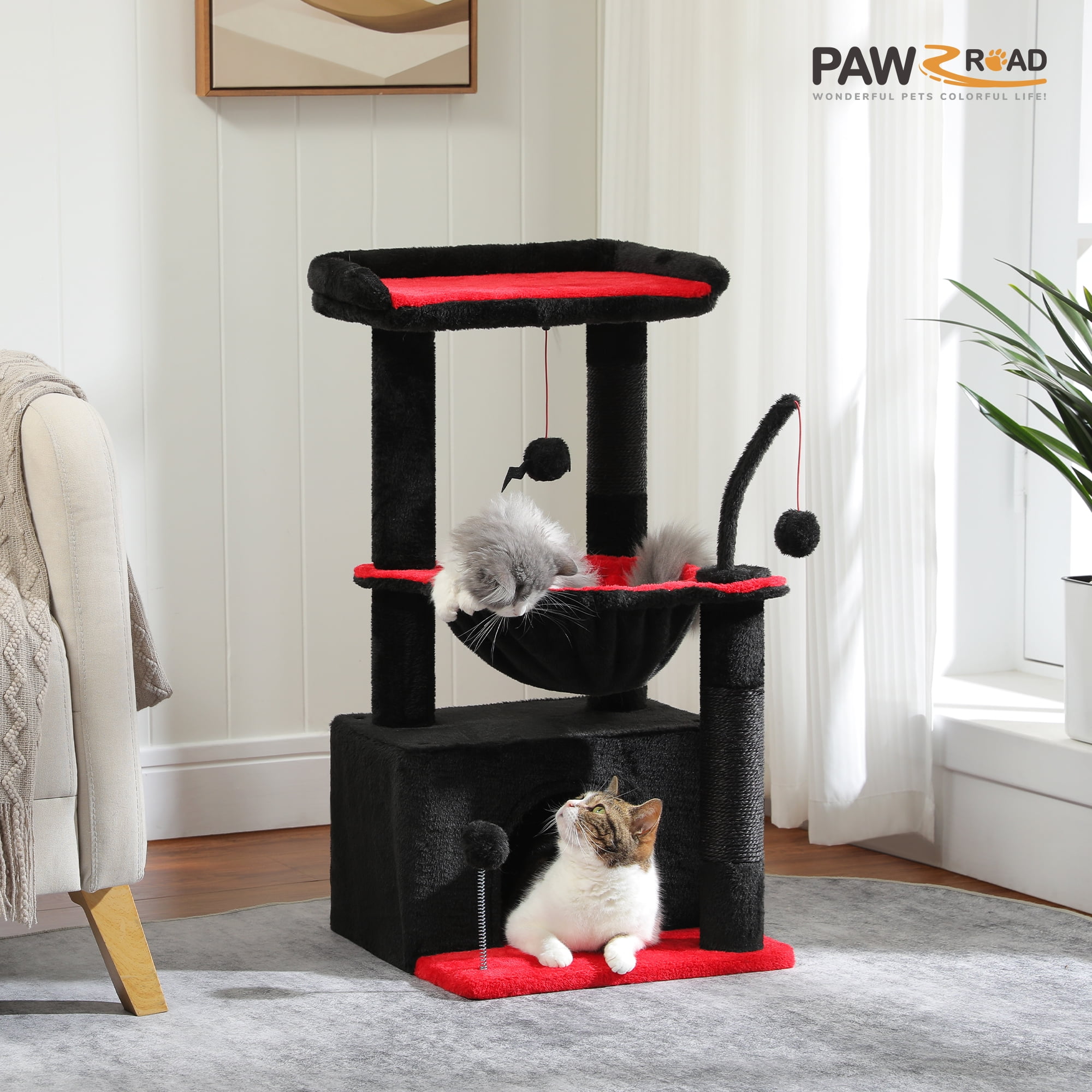 PAWZ Road Cat Tree 33" Gothic Cat Scratching Posts Tower with Large Top Perch and Hammock for Medium Indoor Cats, Black