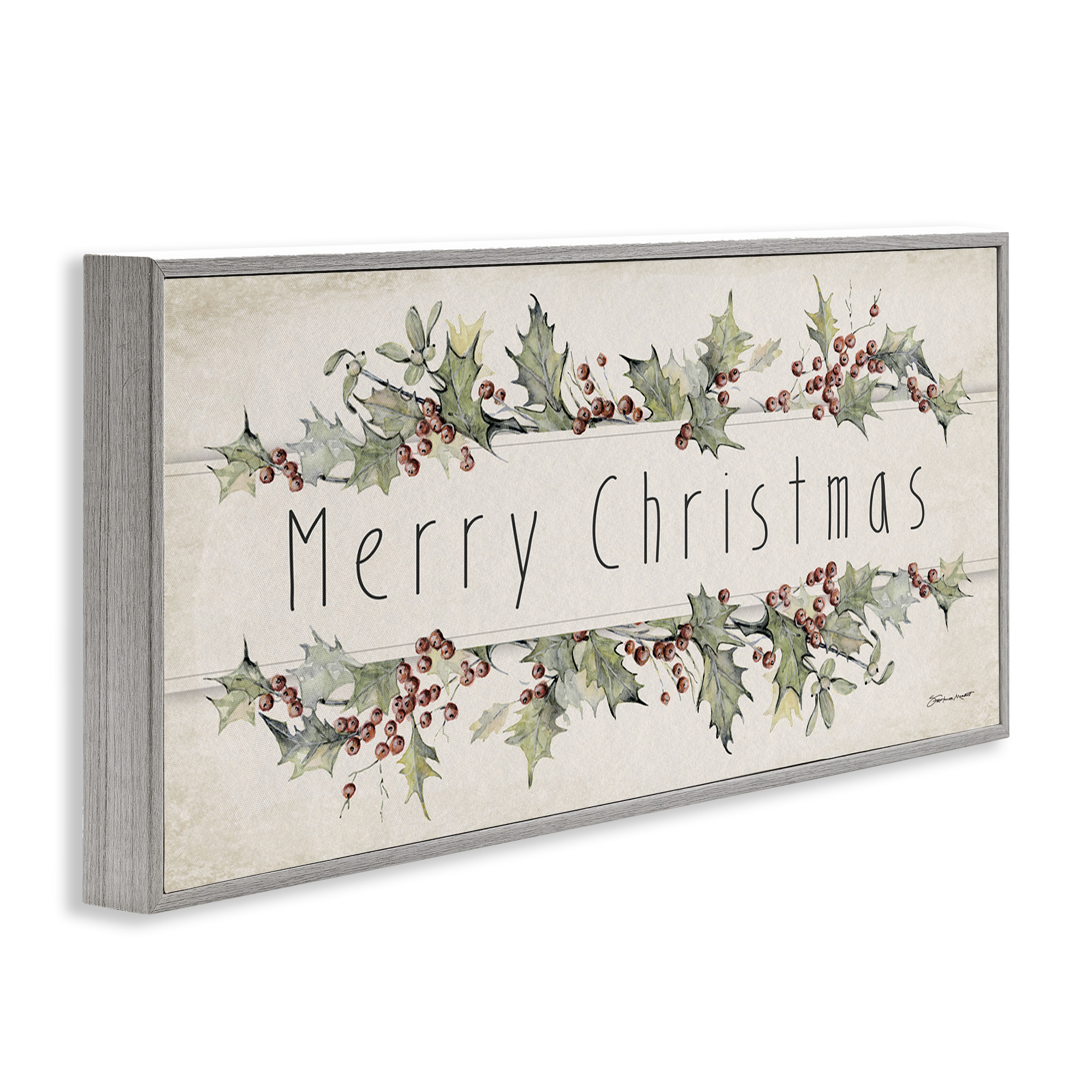 Stupell Industries Vintage Merry Christmas Sentiment Holiday Painting Gray Framed Art Print Wall Art, 30 x 13