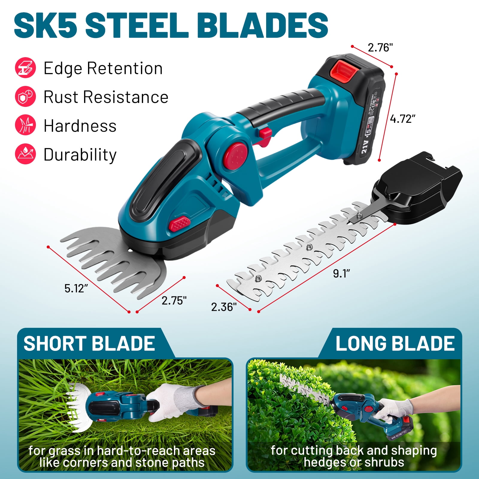 SPBTAR Cordless Hedge Trimmer, 2 in 1 Cordless Grass Shear & Shrubbery Trimmer, Lightweight Garden Tools with 2 Rechargeable Batteries & Charger for Hedge Cutting, Garden, Yards, Lawns
