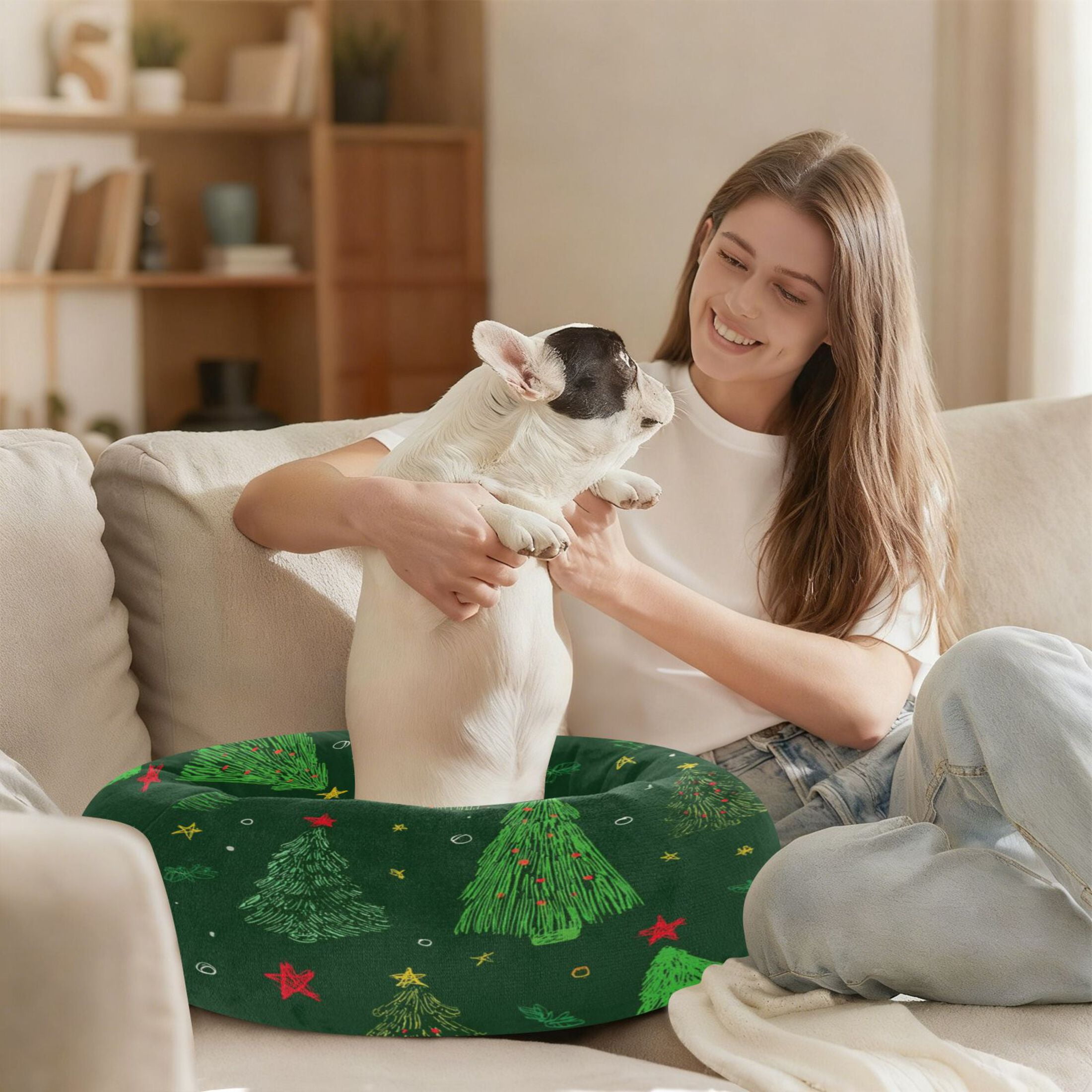 Iauyy Pet Couch Donut Cat Bed for Indoor Cats/Small Dogs Washable & Machine with Non-slip Bottom Calming Cat Furniture, Red and Yellow Stars (S)