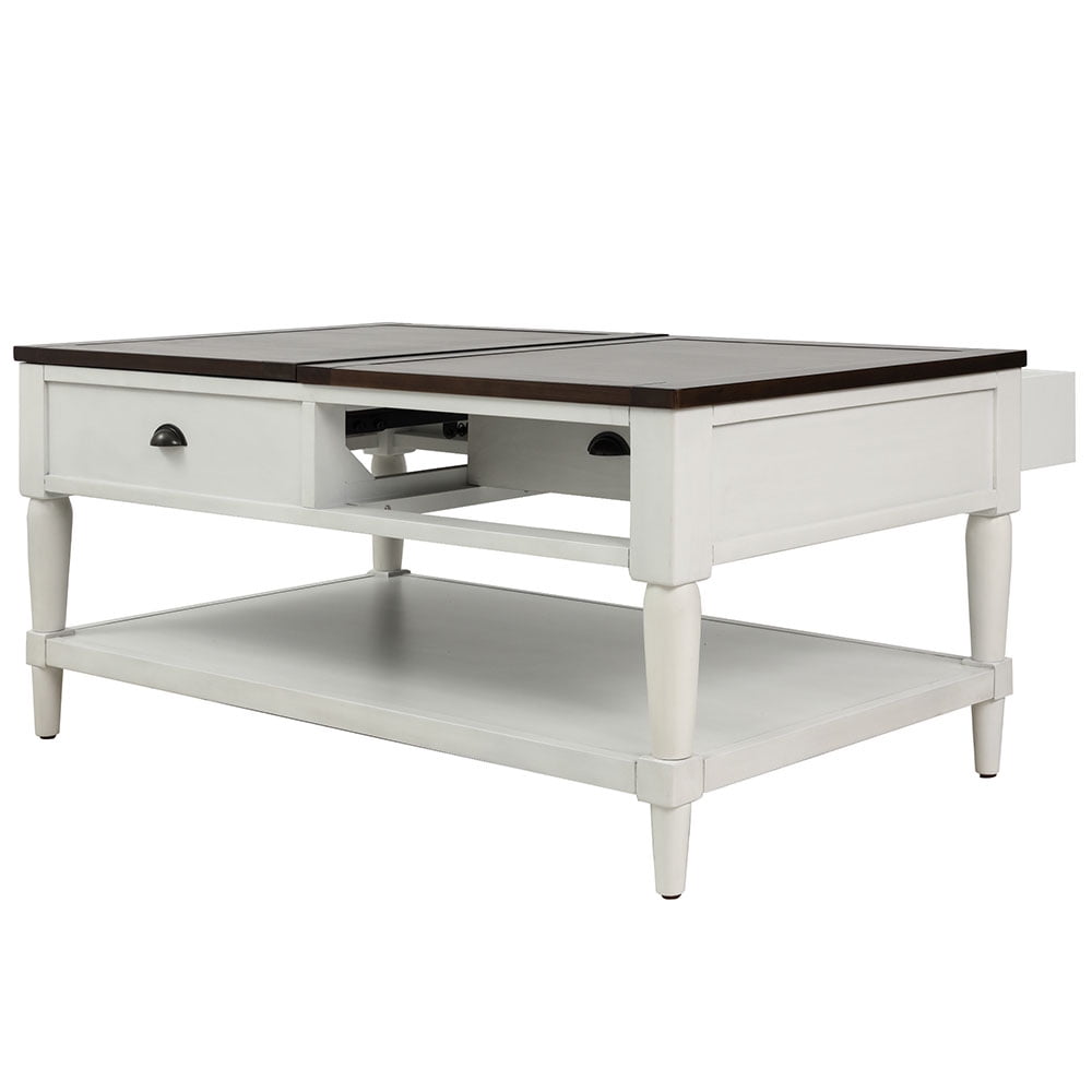 Private Jungle Wood Coffee Table Lift Top with 1 Drawer and Shelf, White and Brown